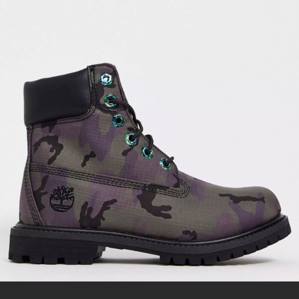 Timberland Premium 6” Boots - Black Camo Combat Ankle Boots Purple Camouflage